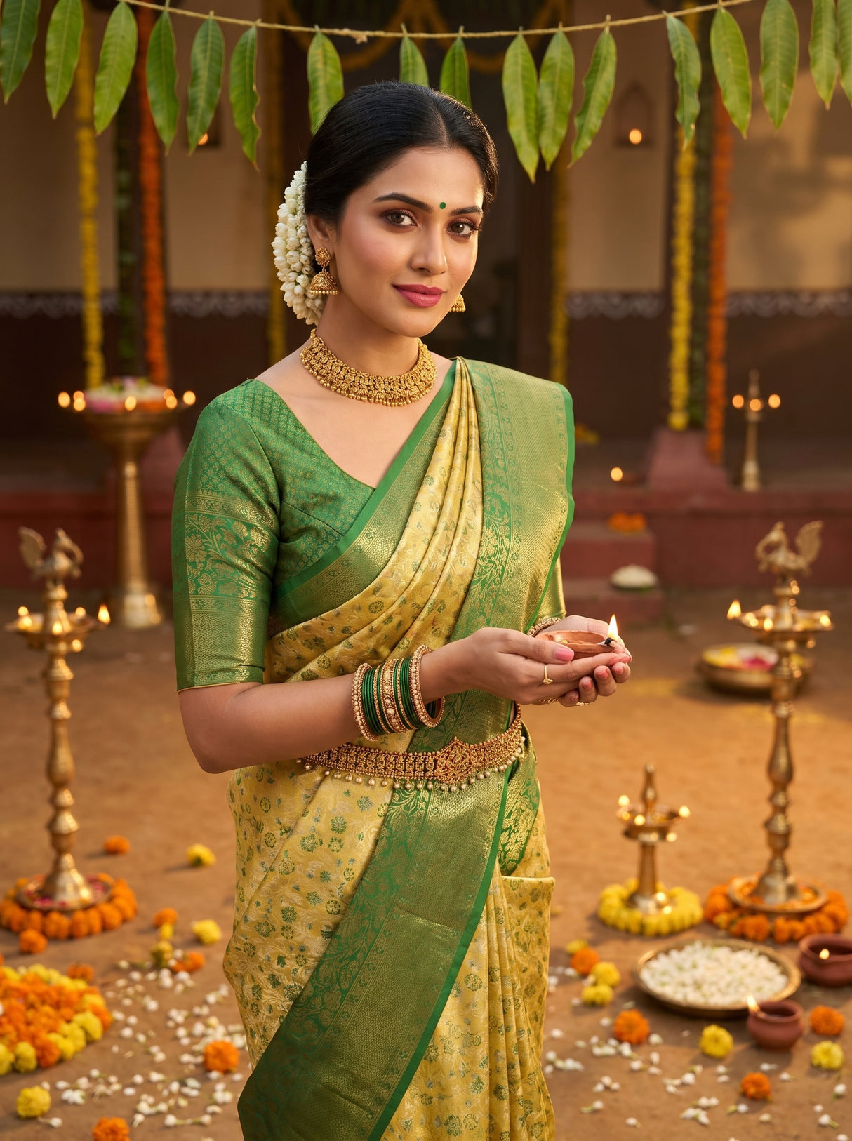 MIMOSA Gold Kanjivaram Art Silk Saree — Styled Model View