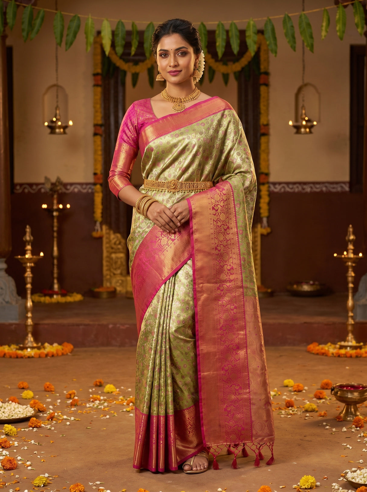 MIMOSA Green Kanjivaram Art Silk Saree — Draped Mannequin View