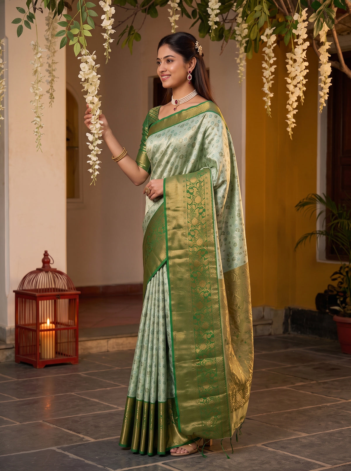 MIMOSA Pista Kanjivaram Art Silk Saree — pose 3 styling detail