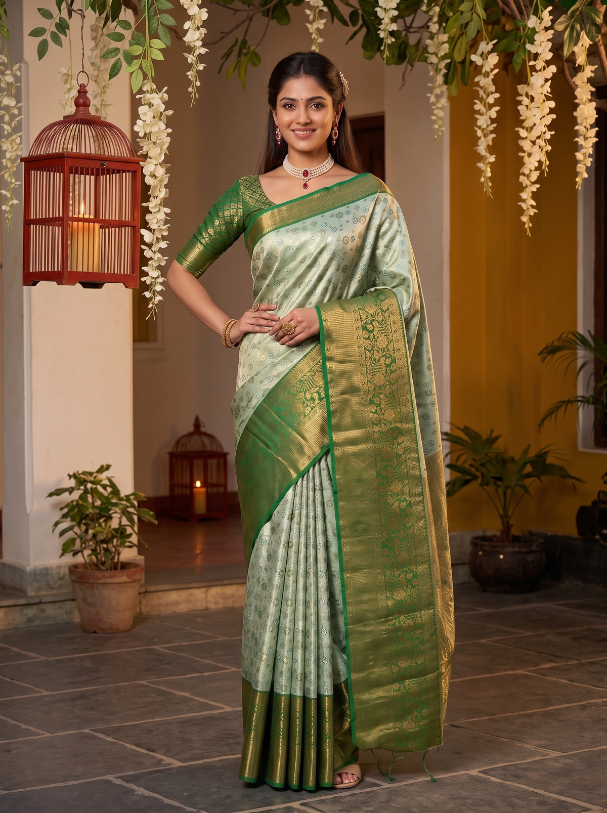 MIMOSA Pista Kanjivaram Art Silk Saree — pose 4 styling detail