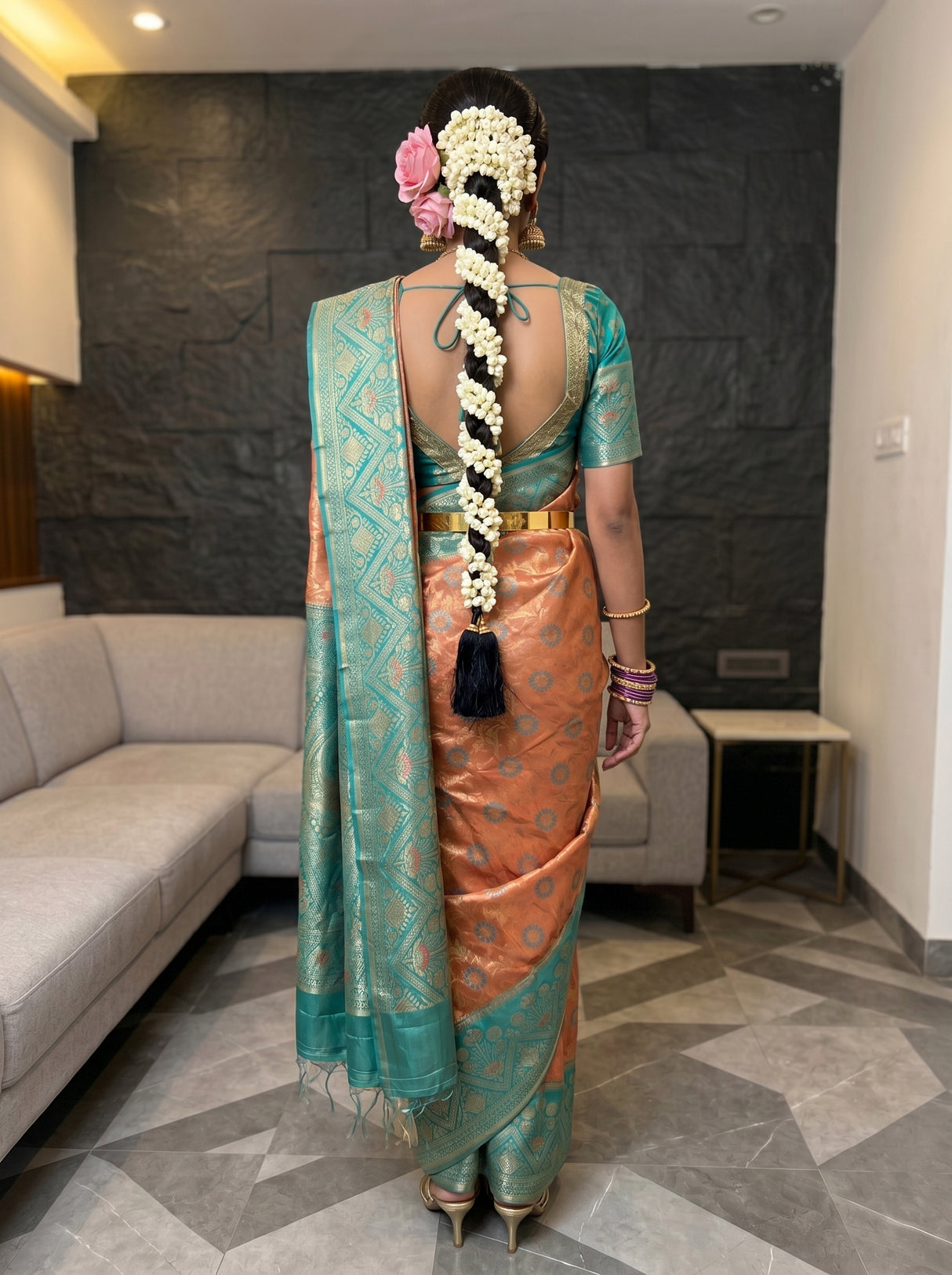 MIMOSA Peach Saree Saree — pose 2 styling detail