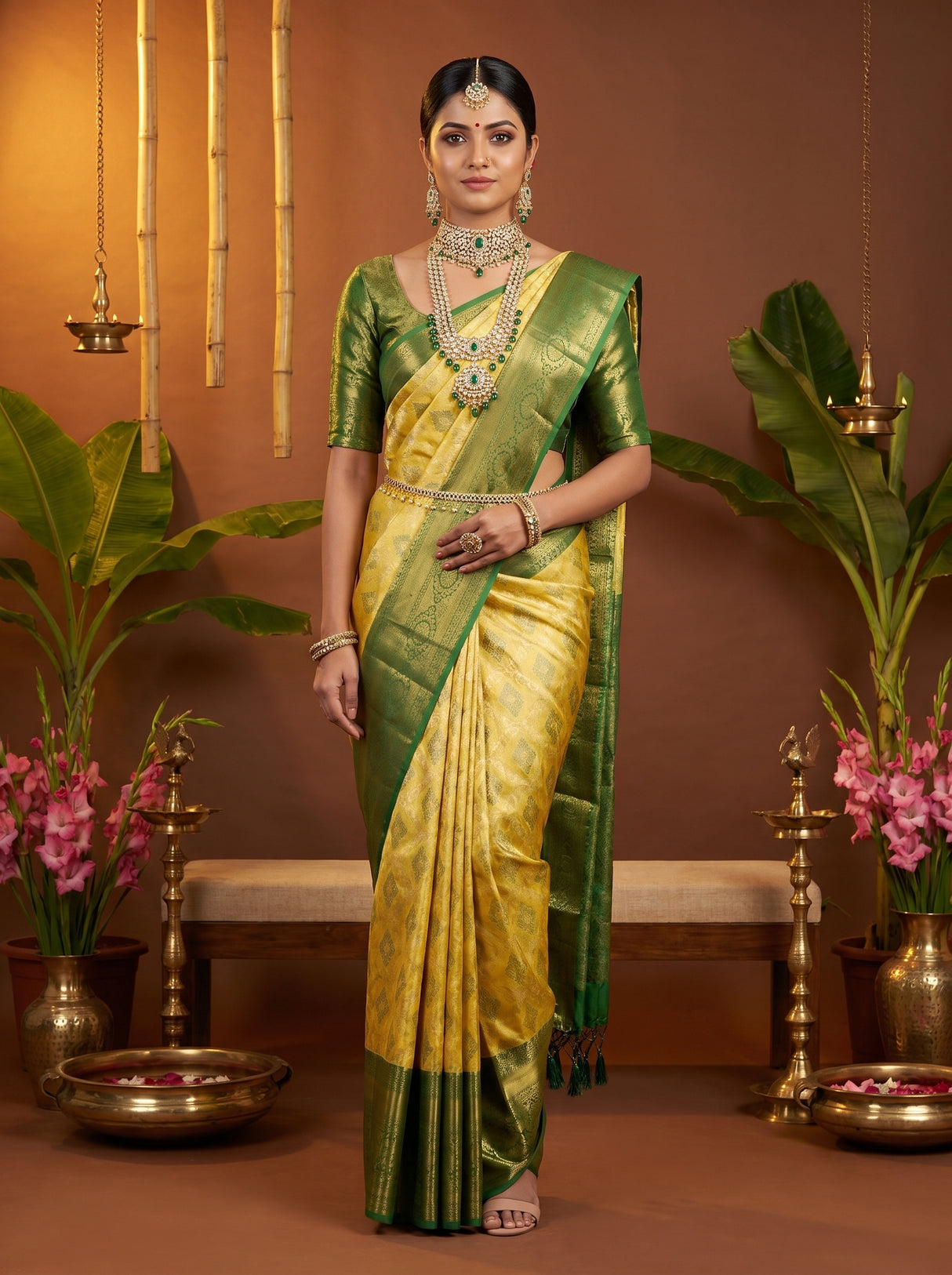 MIMOSA Gold Kanjivaram Art Silk Saree — Draped Mannequin View