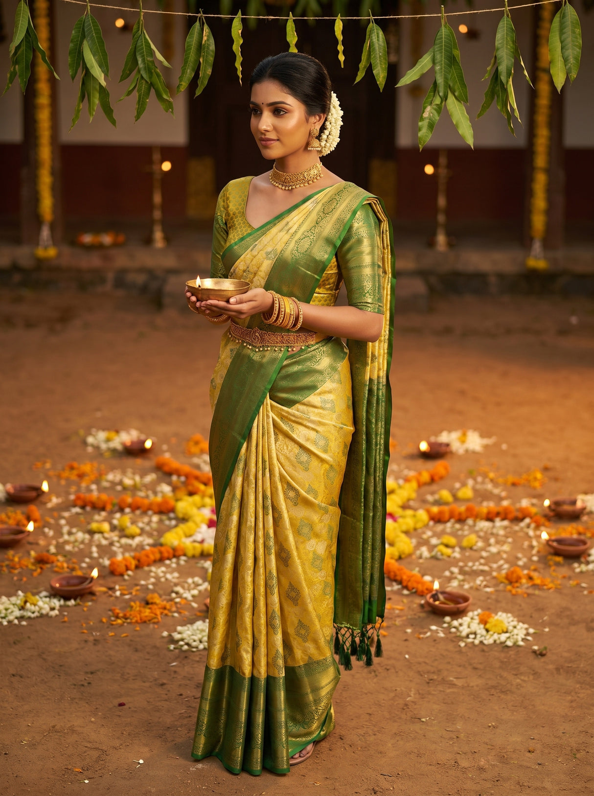 MIMOSA Gold Kanjivaram Art Silk Saree — Full View on Model