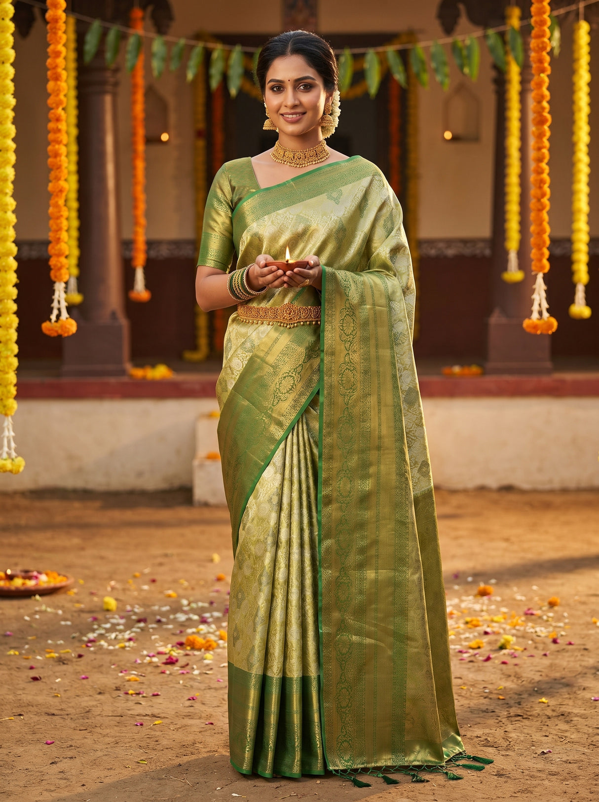 MIMOSA Olive Kanjivaram Art Silk Saree — Full View on Model