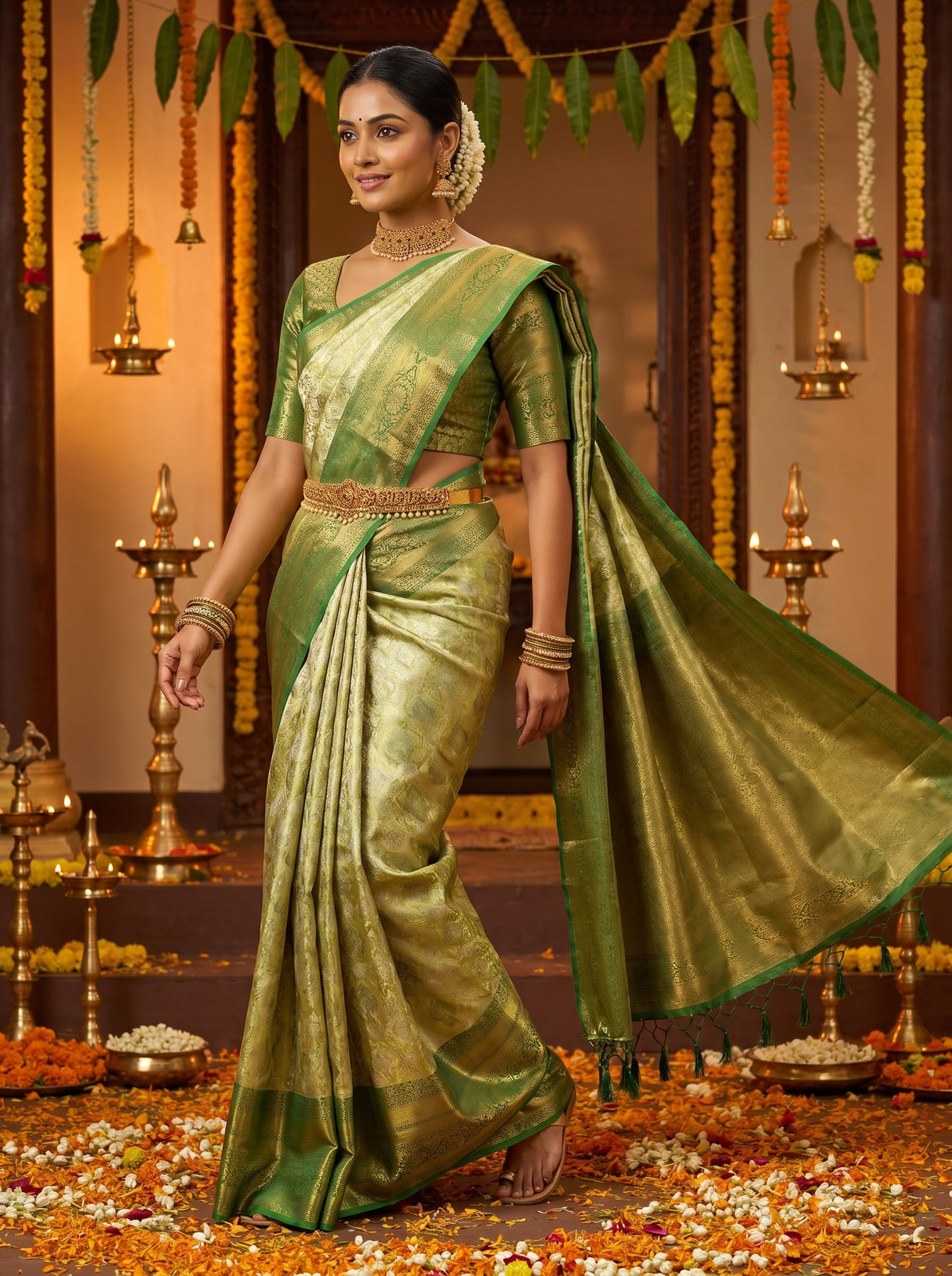 MIMOSA Olive Kanjivaram Art Silk Saree — pose 7 styling detail