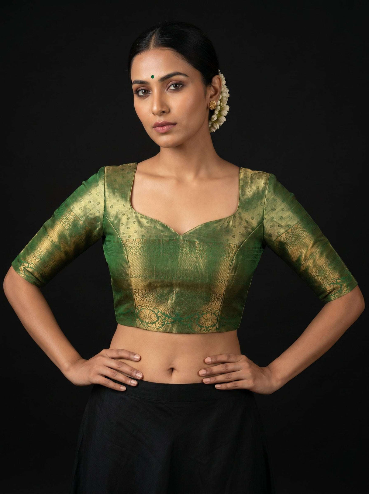 MIMOSA Olive Kanjivaram Art Silk Saree — blouse close-up
