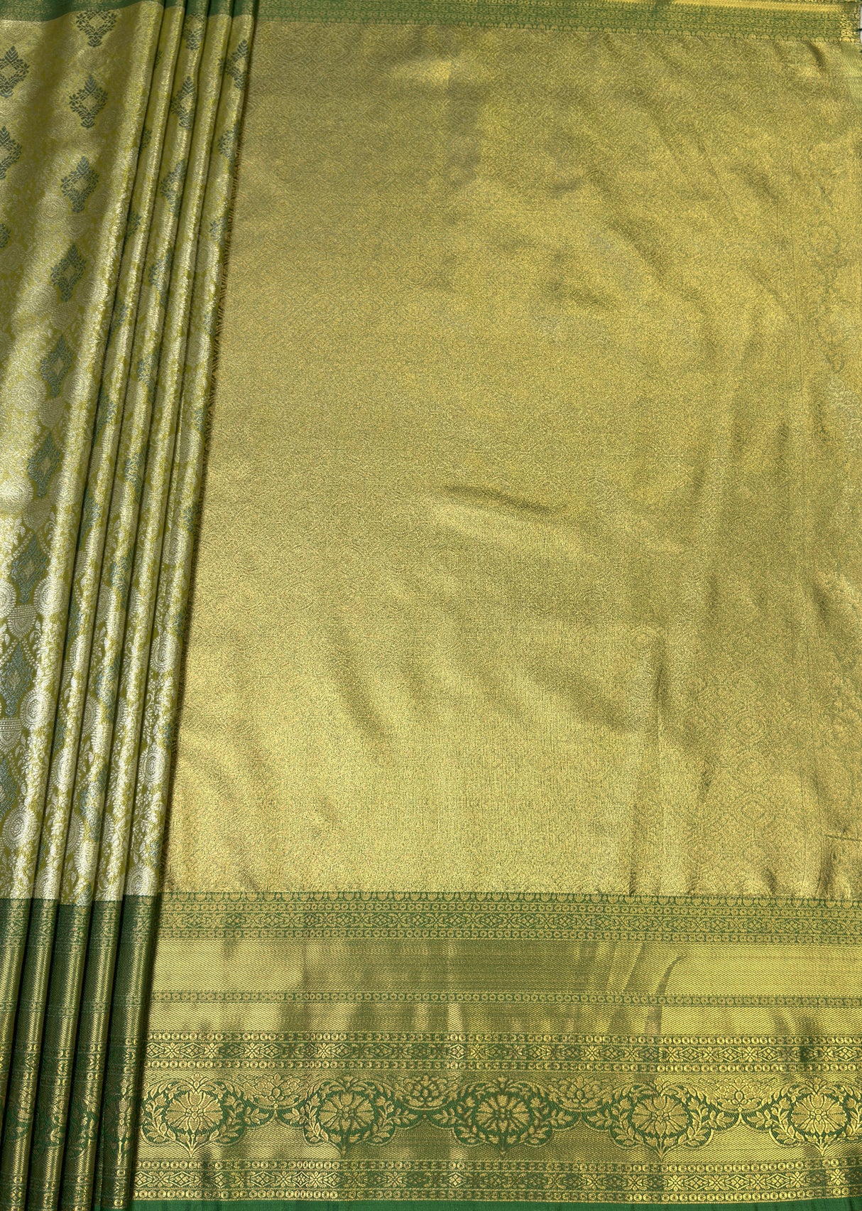 MIMOSA Olive Kanjivaram Art Silk Saree — pallu and zari work detail