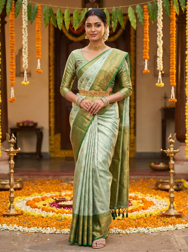 MIMOSA Pista Kanjivaram Art Silk Saree — Draped Mannequin View