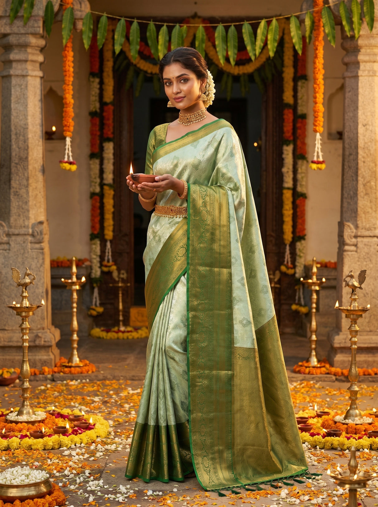 MIMOSA Pista Kanjivaram Art Silk Saree — Full View on Model