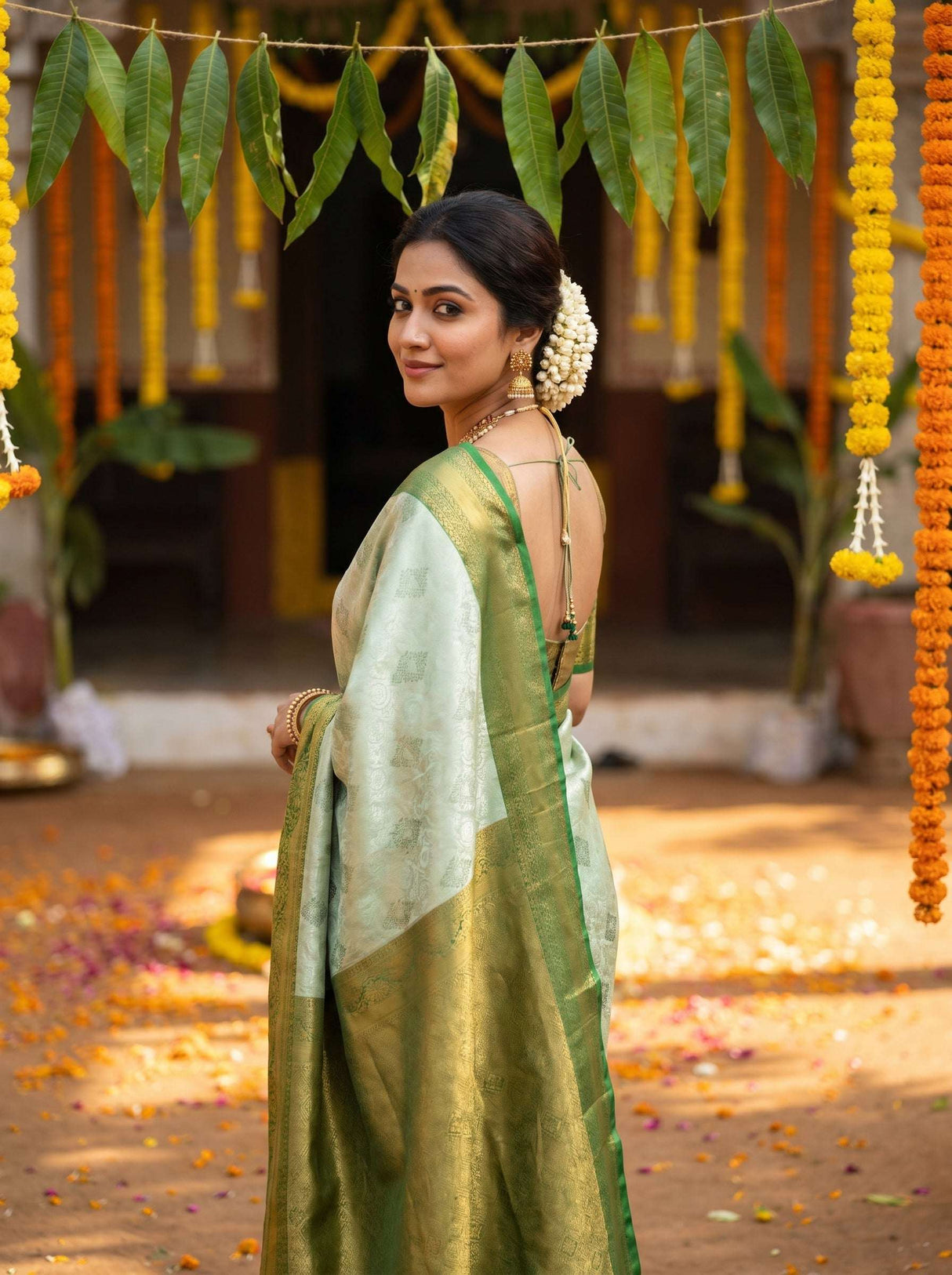 MIMOSA Pista Kanjivaram Art Silk Saree — pose 9 styling detail