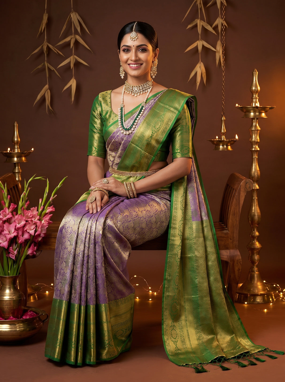 MIMOSA Violet Kanjivaram Art Silk Saree — Full View on Model