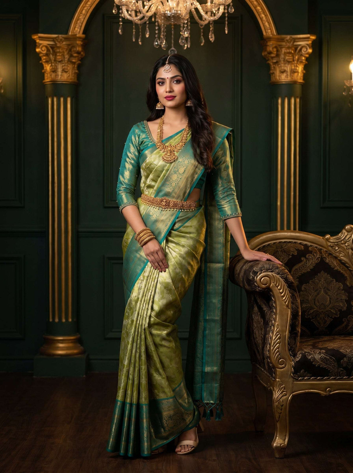 MIMOSA Olive Kanjivaram Art Silk Saree — Pallu and Border Detail