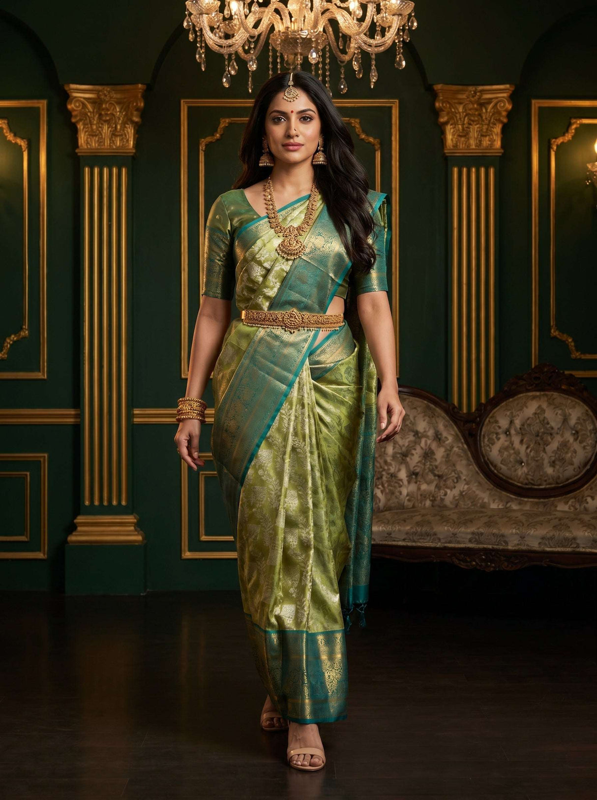 MIMOSA Olive Kanjivaram Art Silk Saree — Model Lifestyle Pose