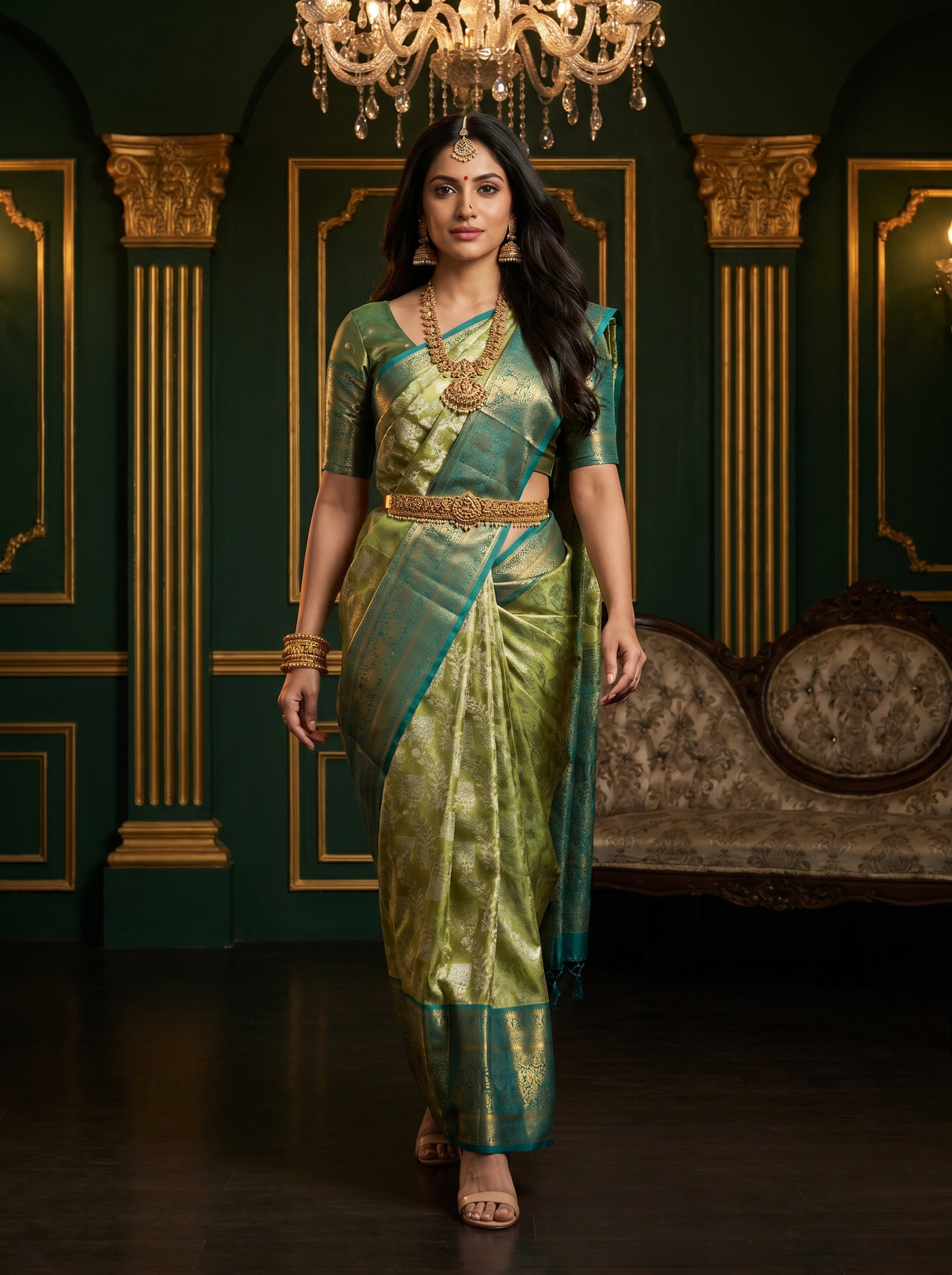 MIMOSA Olive Kanjivaram Art Silk Saree — Model Lifestyle Pose