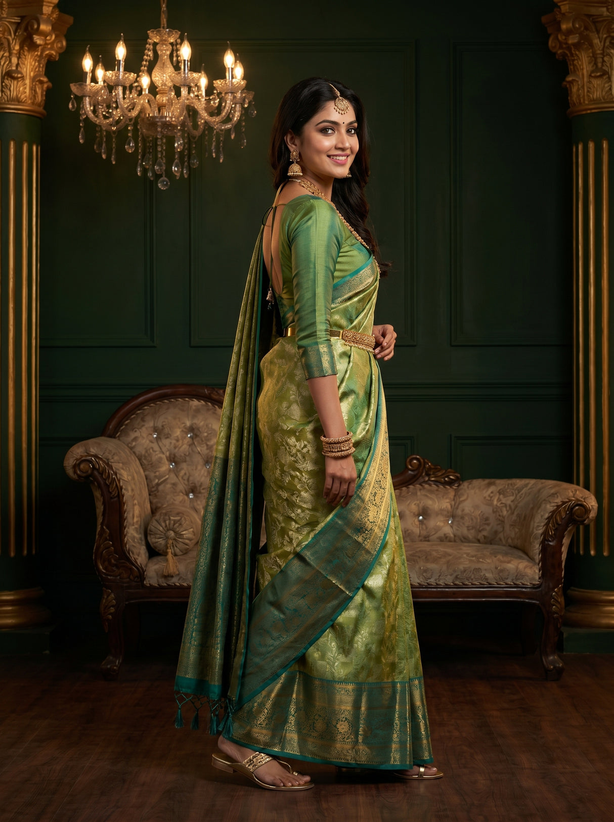 MIMOSA Olive Kanjivaram Art Silk Saree — pose 9 styling detail