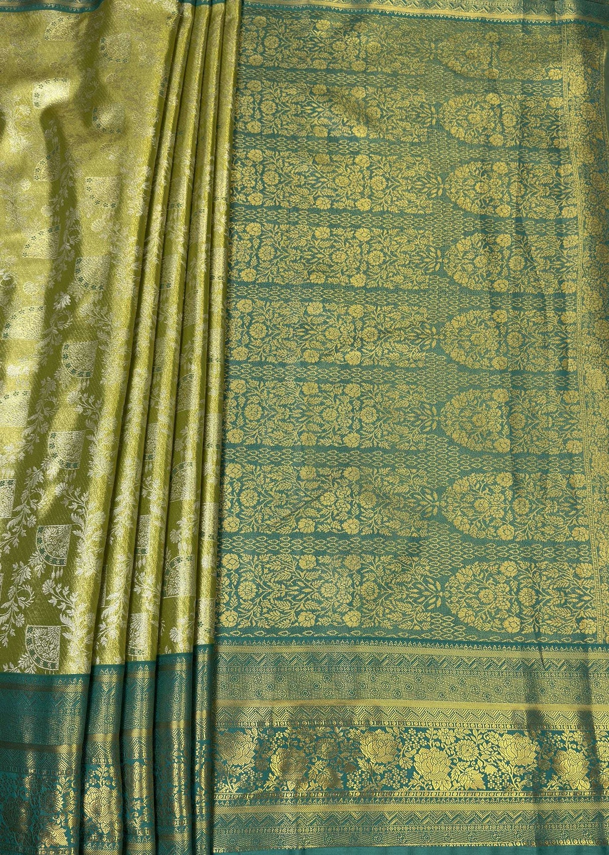 MIMOSA Olive Kanjivaram Art Silk Saree — pallu and zari work detail
