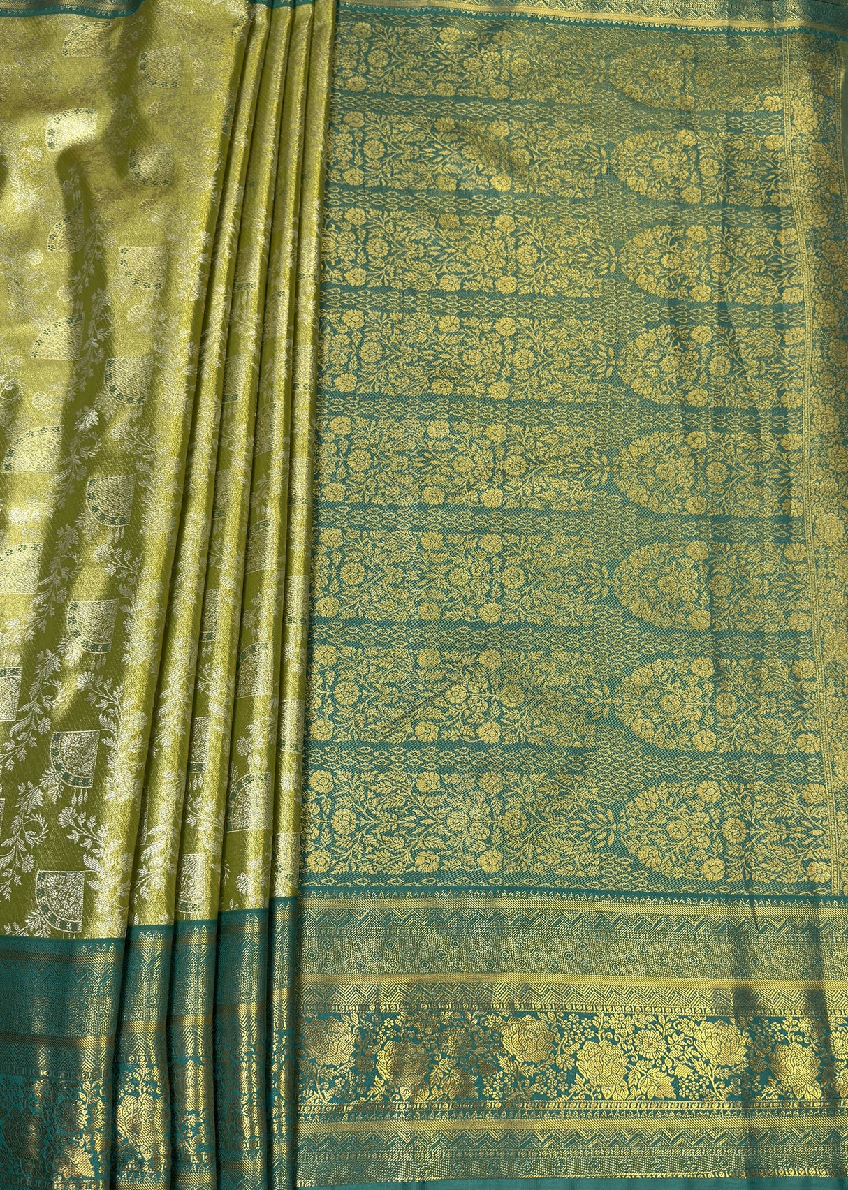 MIMOSA Olive Kanjivaram Art Silk Saree — pallu and zari work detail
