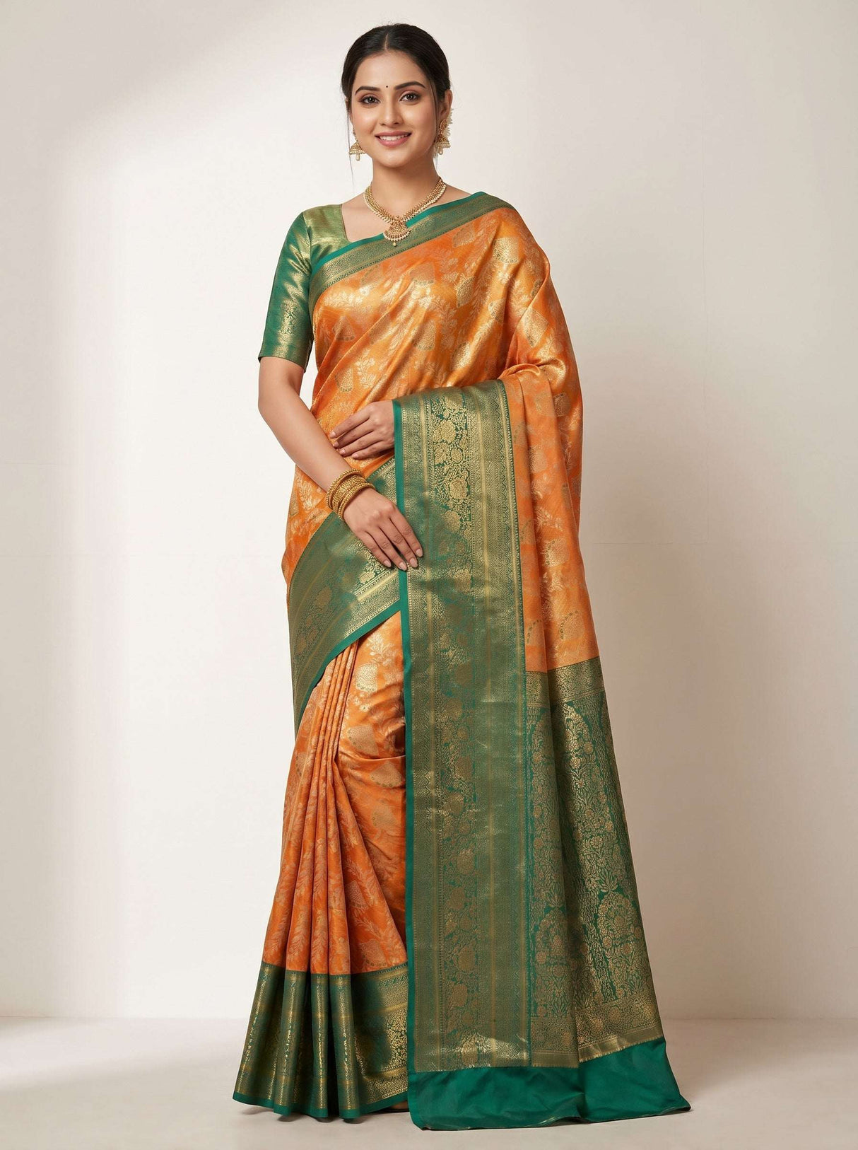 MIMOSA Orange Kanjivaram Art Silk Saree — pose 8 styling detail