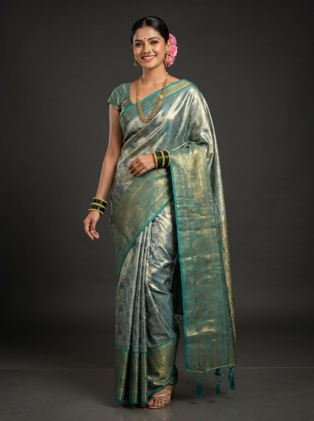 MIMOSA Saffire Kanjivaram Art Silk Saree — Draped Mannequin View