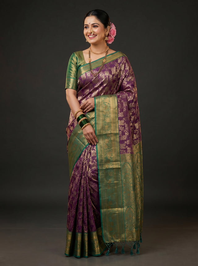 MIMOSA Violet Kanjivaram Art Silk Saree — Draped Mannequin View