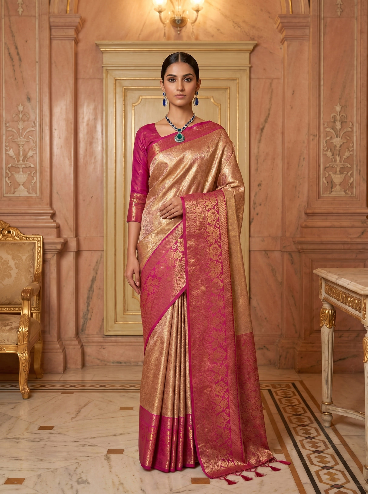 MIMOSA Gajari Kanjivaram Art Silk Saree — Mannequin Draped View