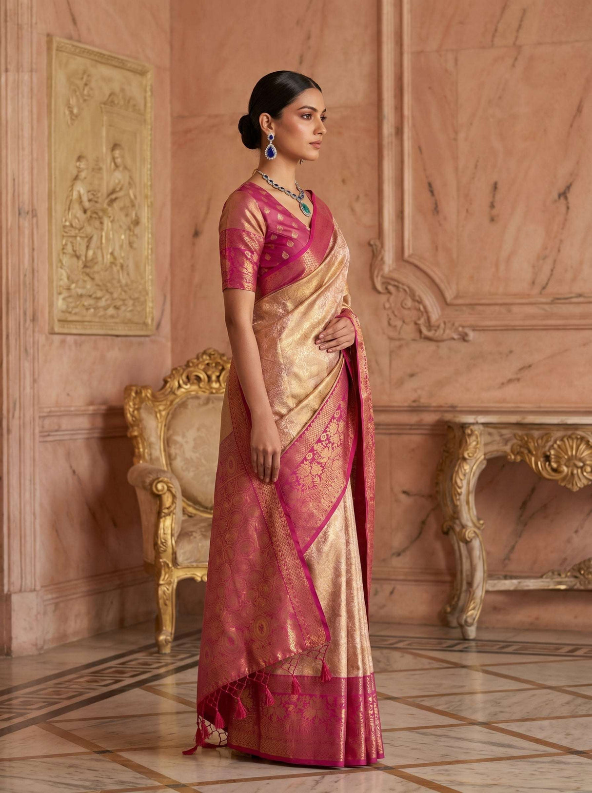MIMOSA Gajari Kanjivaram Art Silk Saree — Full View on Model