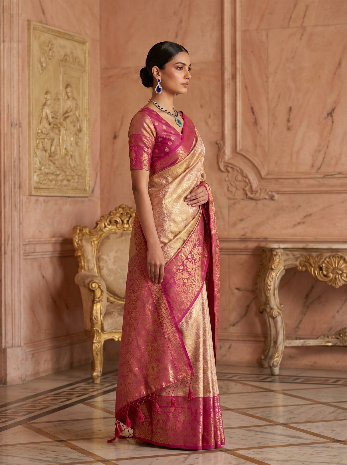 MIMOSA Gajari Kanjivaram Art Silk Saree — Full View on Model