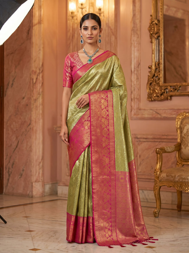 MIMOSA Olive Kanjivaram Art Silk Saree — Mannequin Draped View