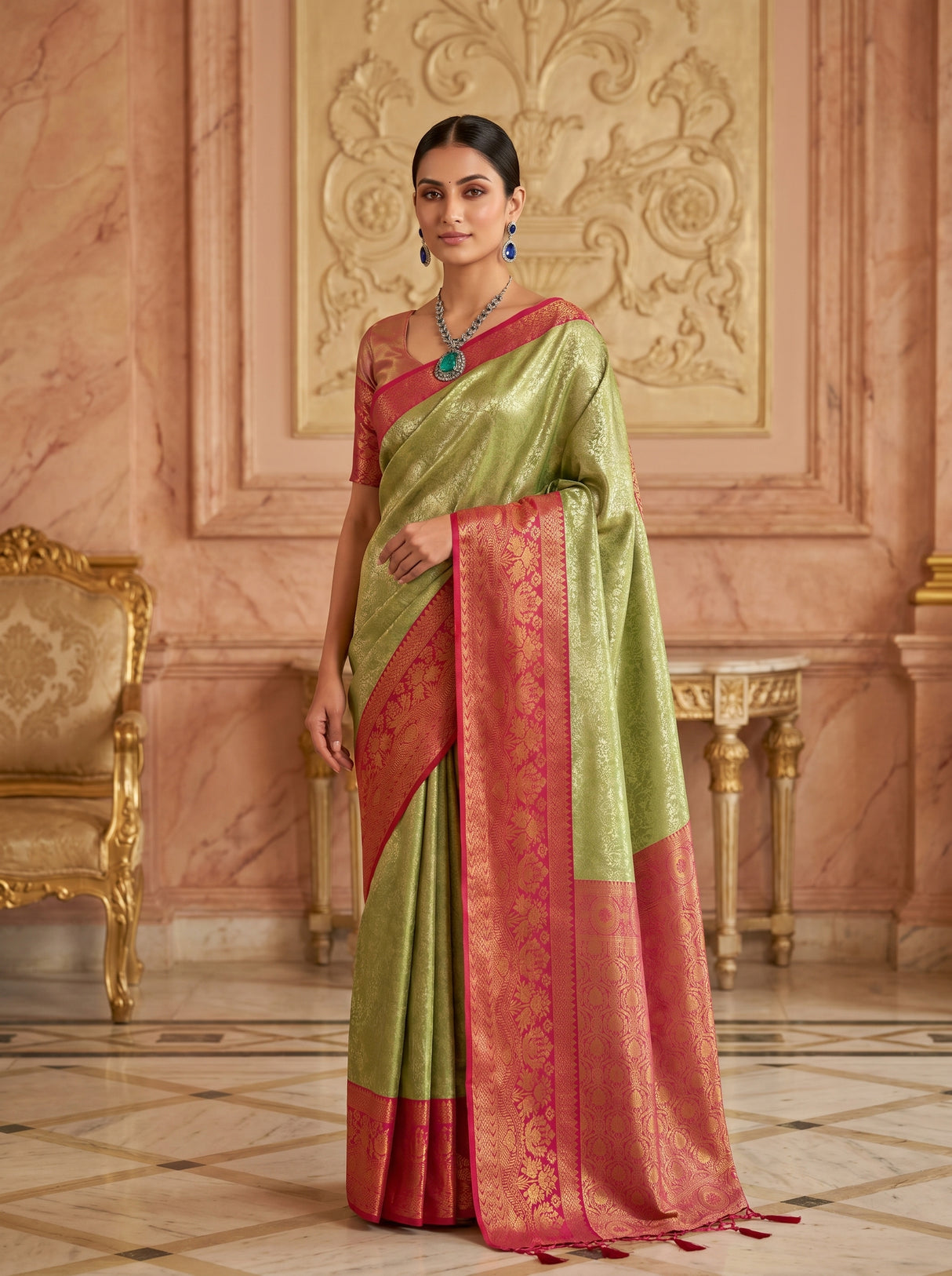 MIMOSA Olive Kanjivaram Art Silk Saree — Full View on Model