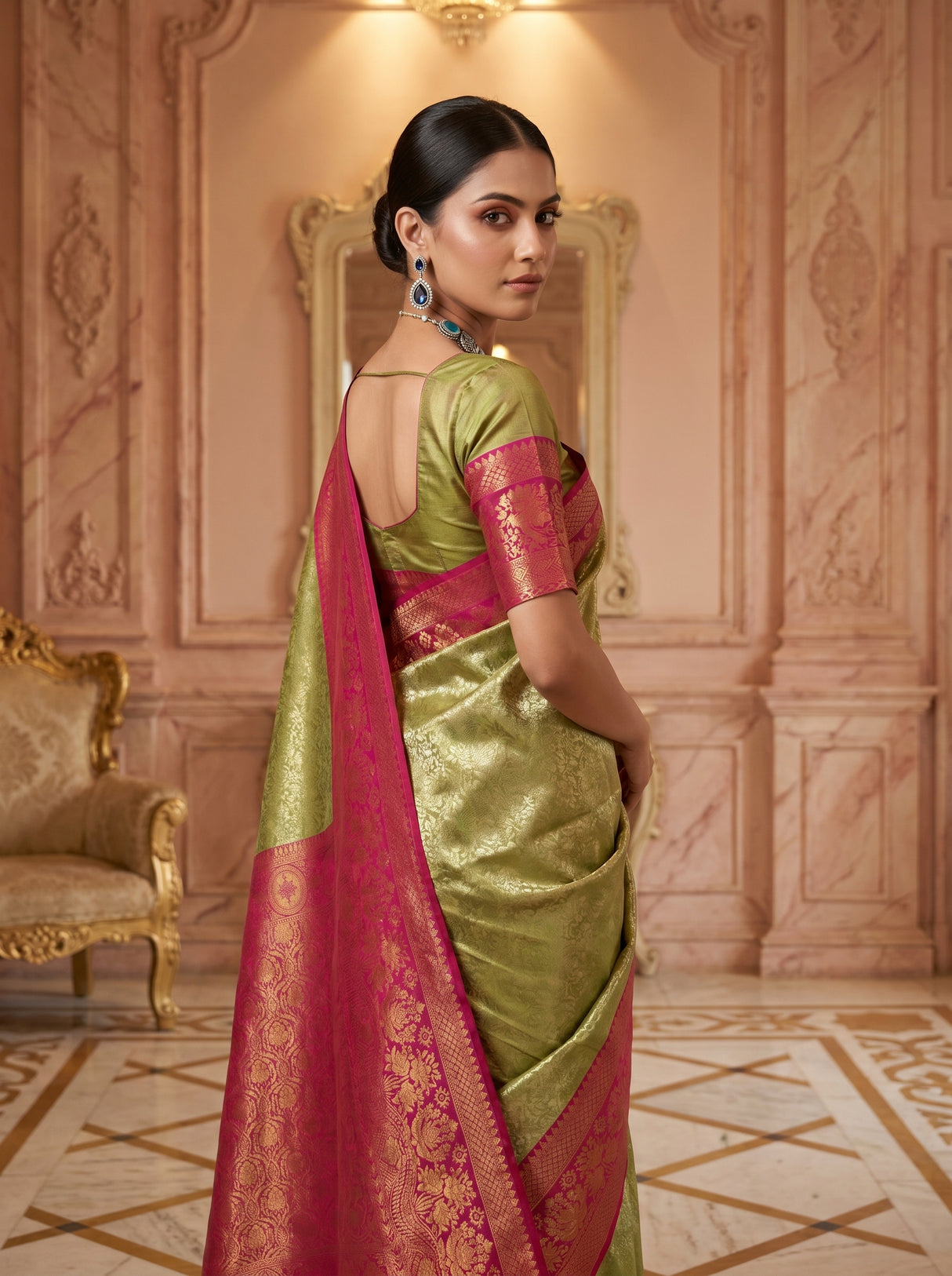 MIMOSA Olive Kanjivaram Art Silk Saree — pose 9 styling detail