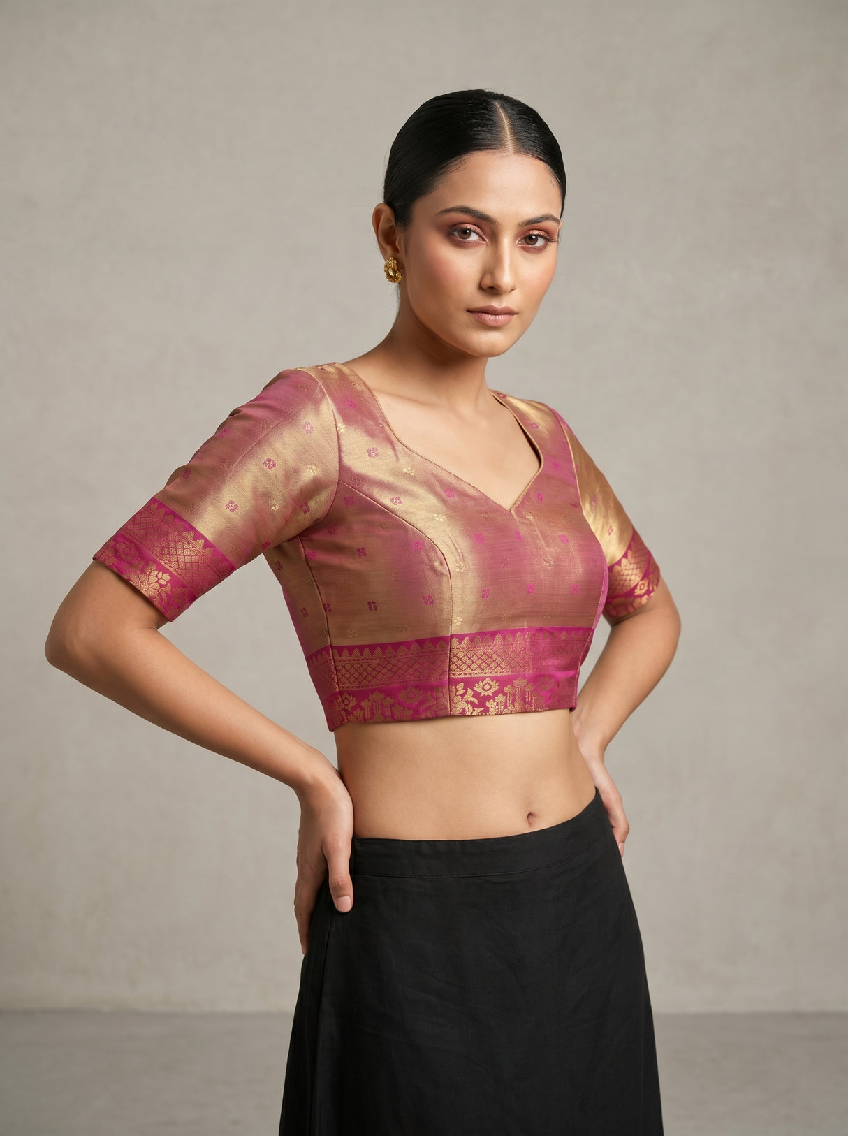 MIMOSA Olive Kanjivaram Art Silk Saree — blouse close-up