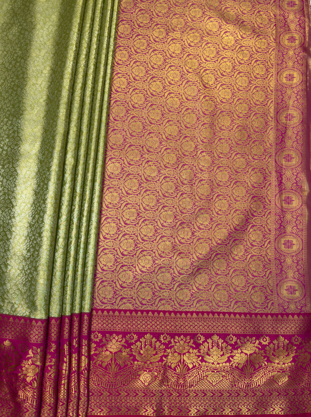 MIMOSA Olive Kanjivaram Art Silk Saree — pallu and zari work detail