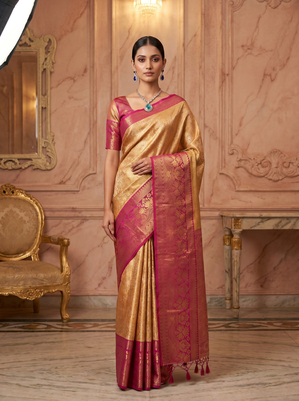 MIMOSA Orange Kanjivaram Art Silk Saree — Mannequin Draped View