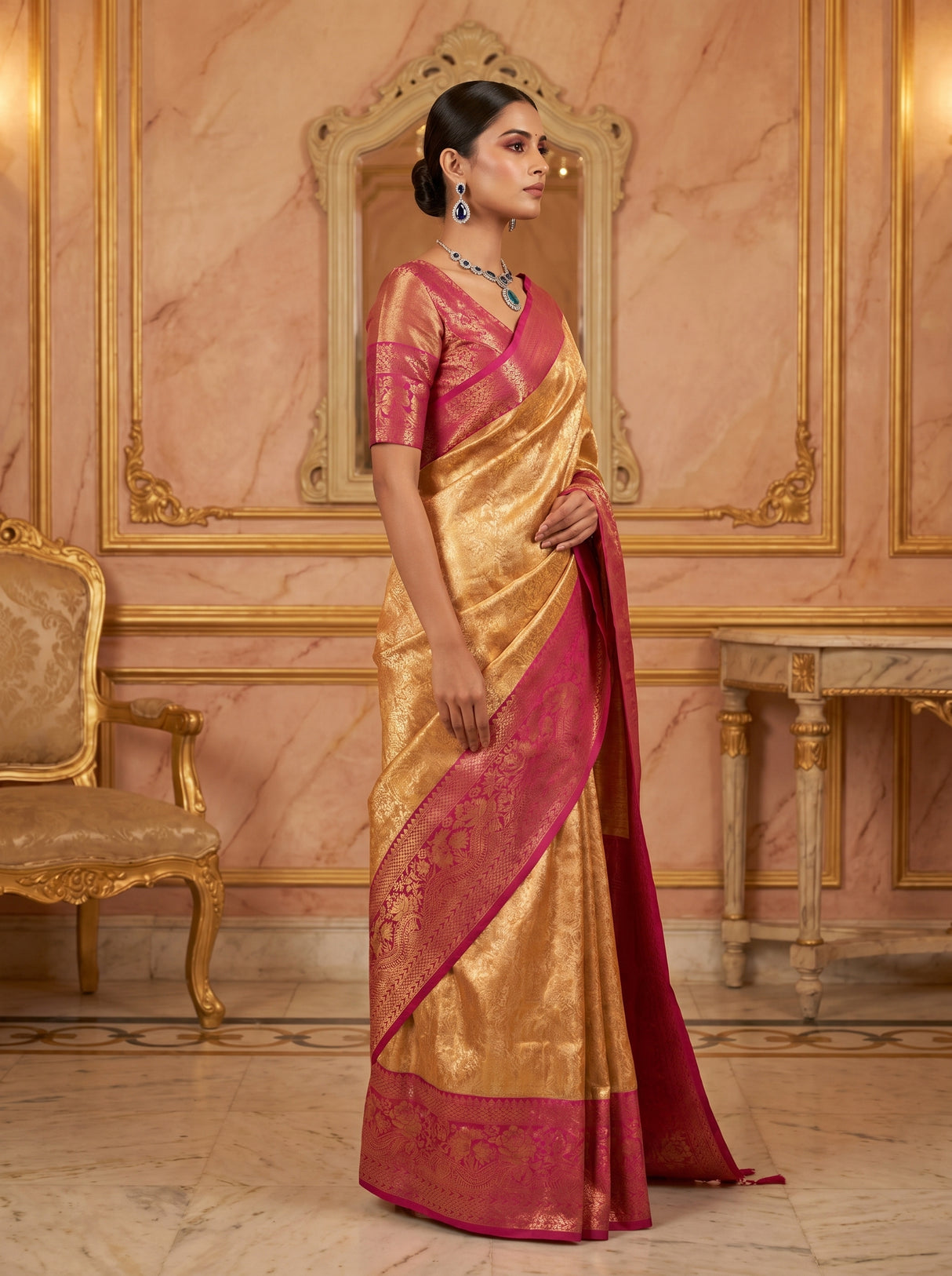 MIMOSA Orange Kanjivaram Art Silk Saree — Full View on Model