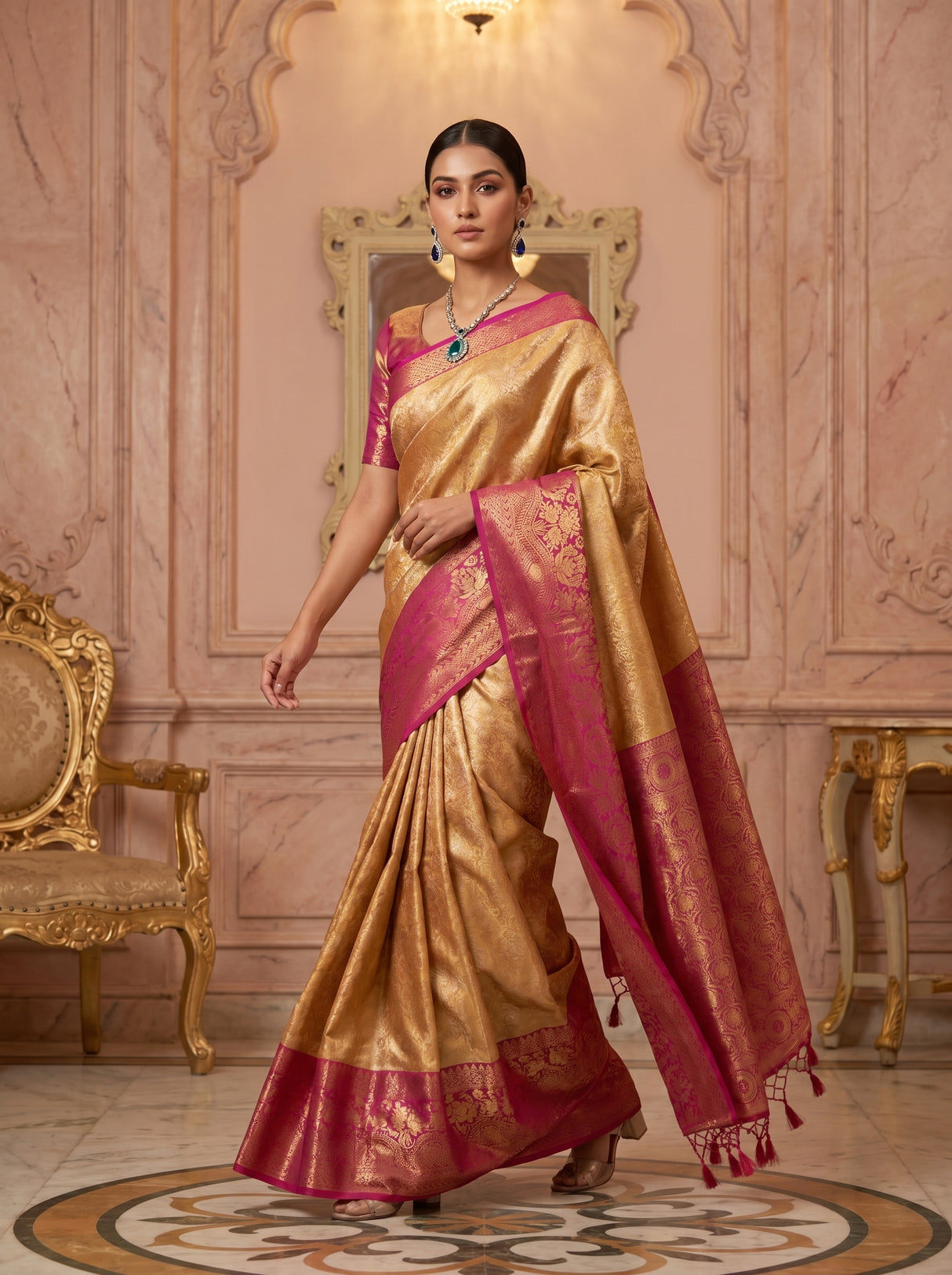 MIMOSA Orange Kanjivaram Art Silk Saree — pose 7 styling detail