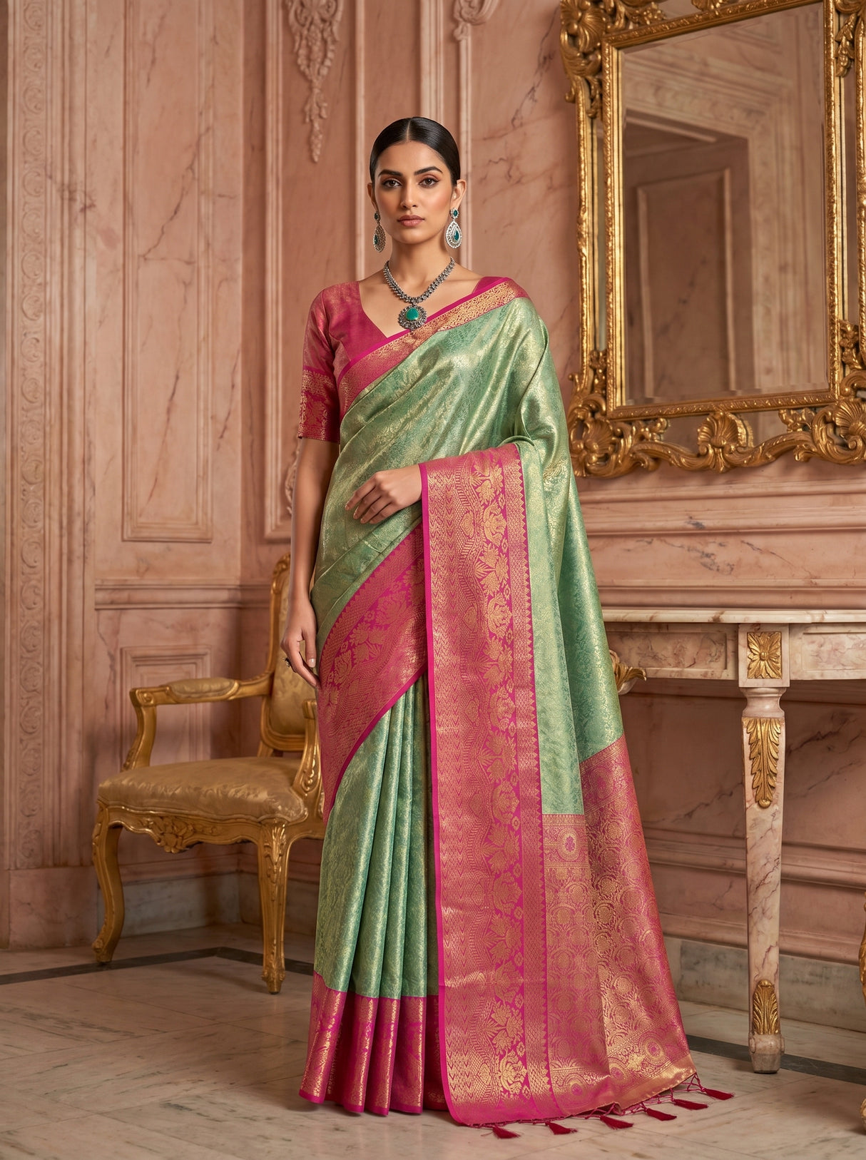 MIMOSA Rama Kanjivaram Art Silk Saree — Mannequin Draped View