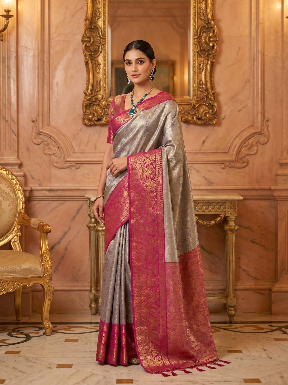 MIMOSA Violet Kanjivaram Art Silk Saree — Full View on Model