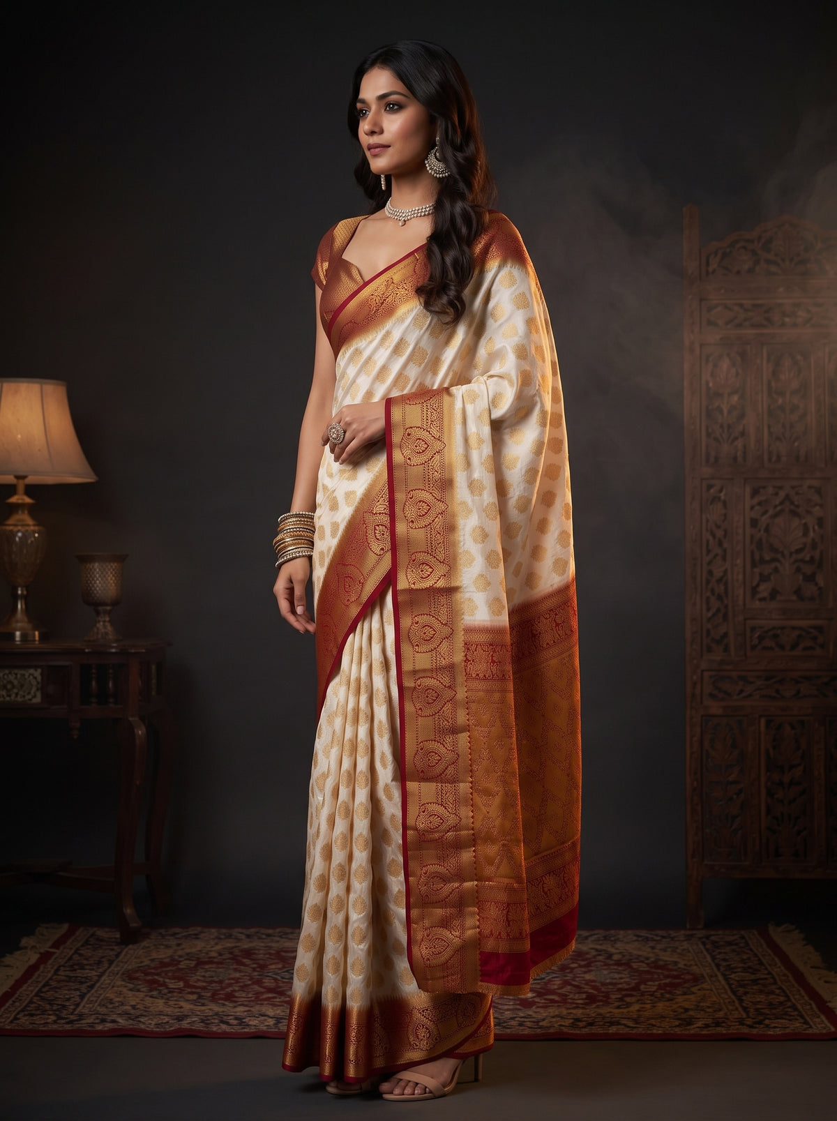 MIMOSA White Kanjivaram Art Silk Saree — pose 3 styling detail