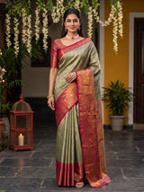 MIMOSA Green Kanjivaram Art Silk Saree — front view on mannequin