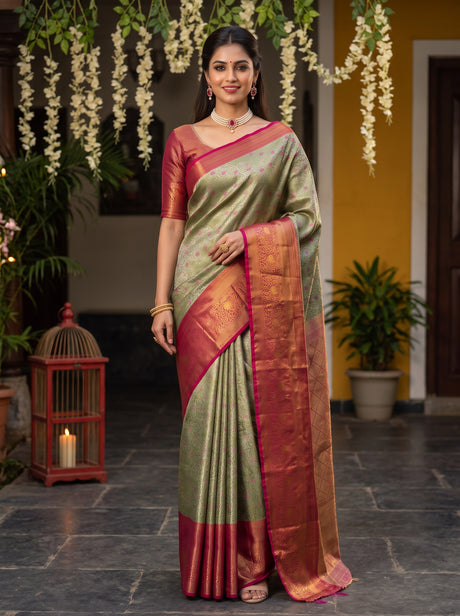 MIMOSA Green Kanjivaram Art Silk Saree — front view on mannequin