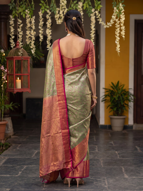 MIMOSA Green Kanjivaram Art Silk Saree — pose 2 styling detail