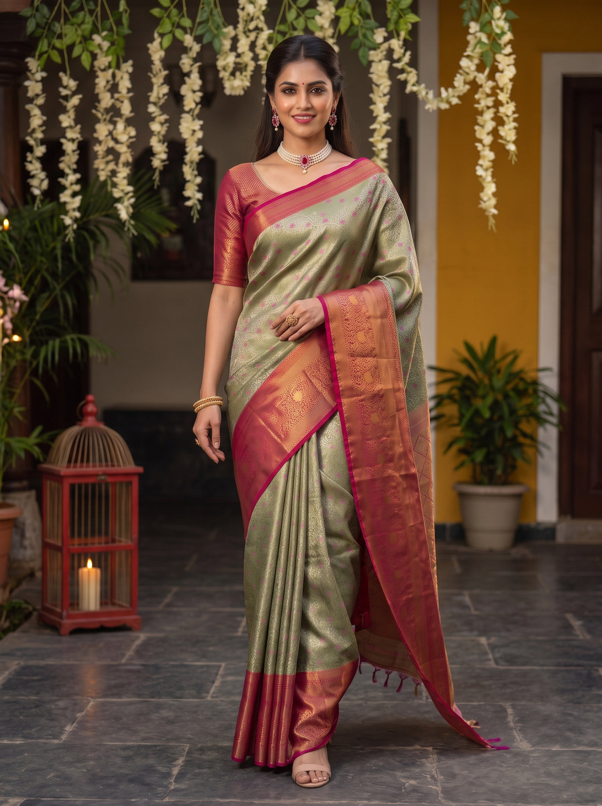 MIMOSA Green Kanjivaram Art Silk Saree — pose 6 styling detail