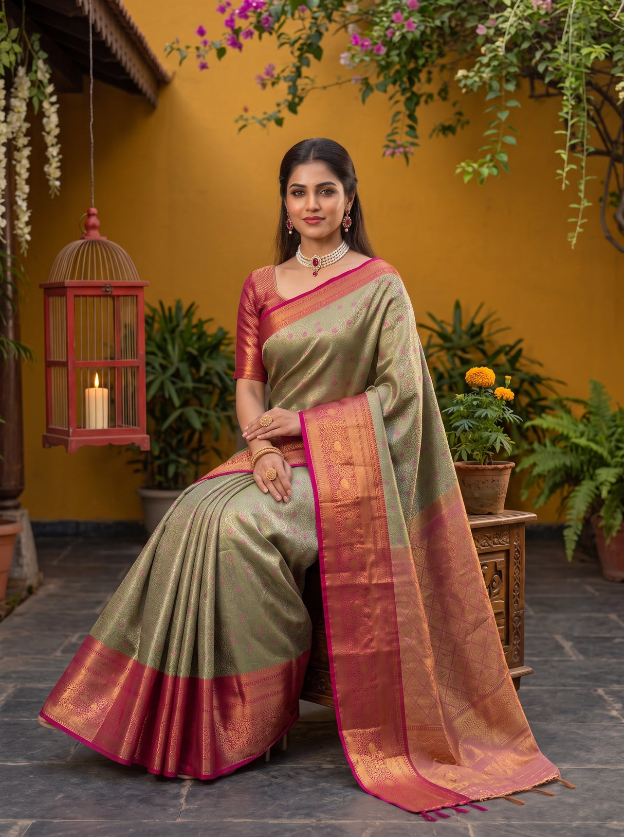 MIMOSA Green Kanjivaram Art Silk Saree — pose 8 styling detail