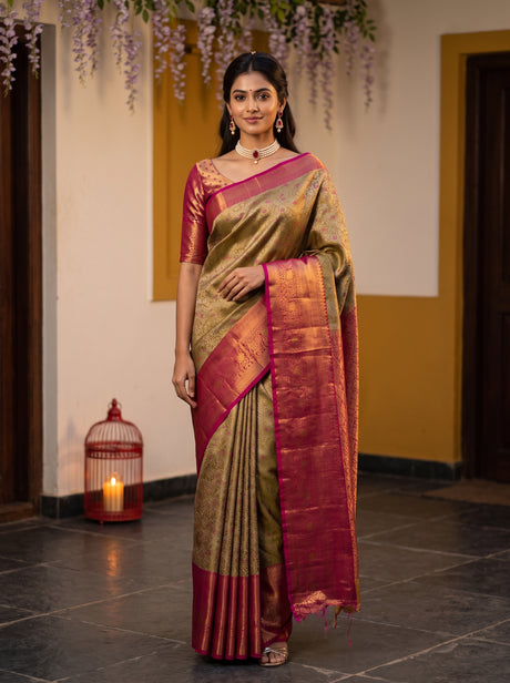 MIMOSA Maroon Kanjivaram Art Silk Saree — front view on mannequin