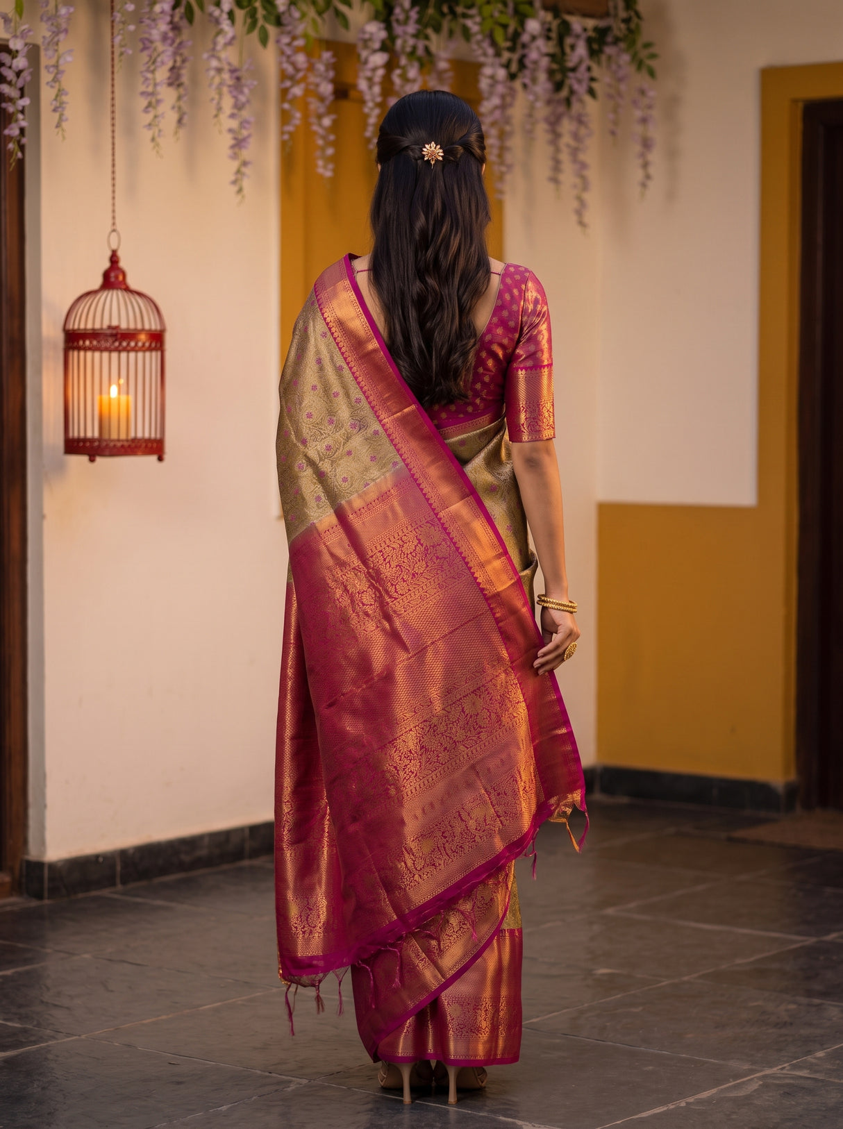 MIMOSA Maroon Kanjivaram Art Silk Saree — pose 2 styling detail