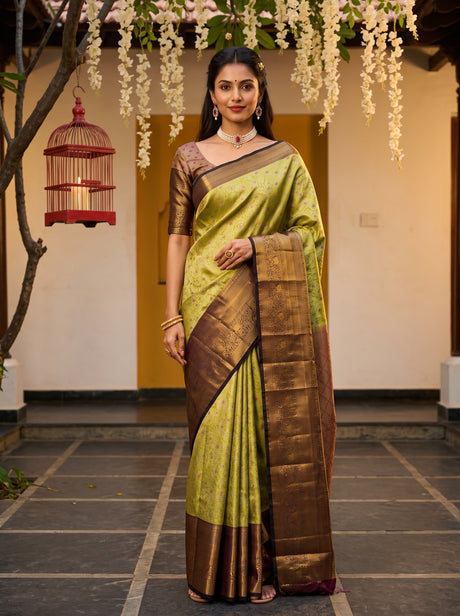 MIMOSA Olive Kanjivaram Art Silk Saree — front view on mannequin