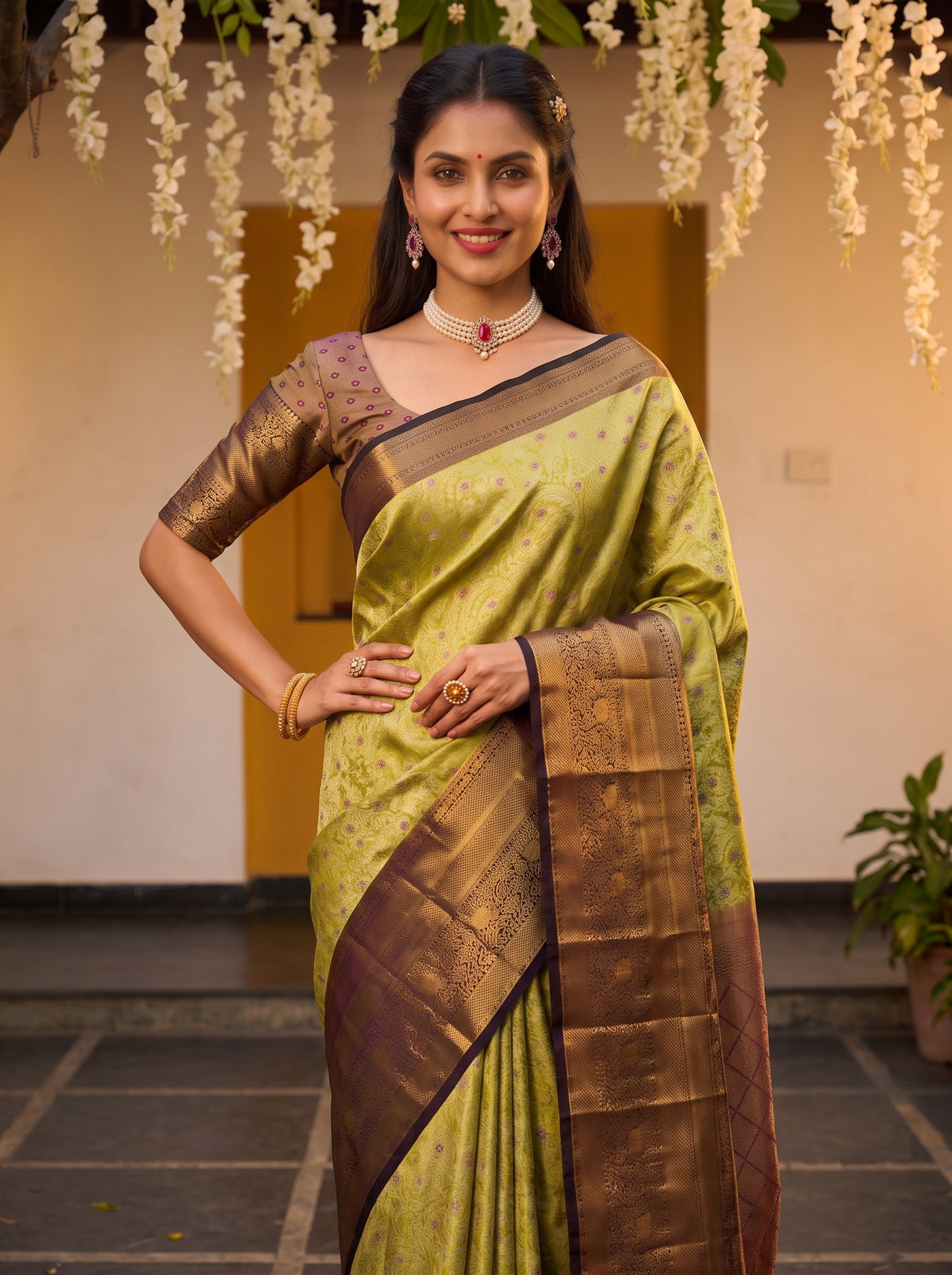 MIMOSA Olive Kanjivaram Art Silk Saree — pose 10 styling detail