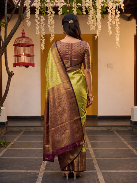 MIMOSA Olive Kanjivaram Art Silk Saree — pose 2 styling detail