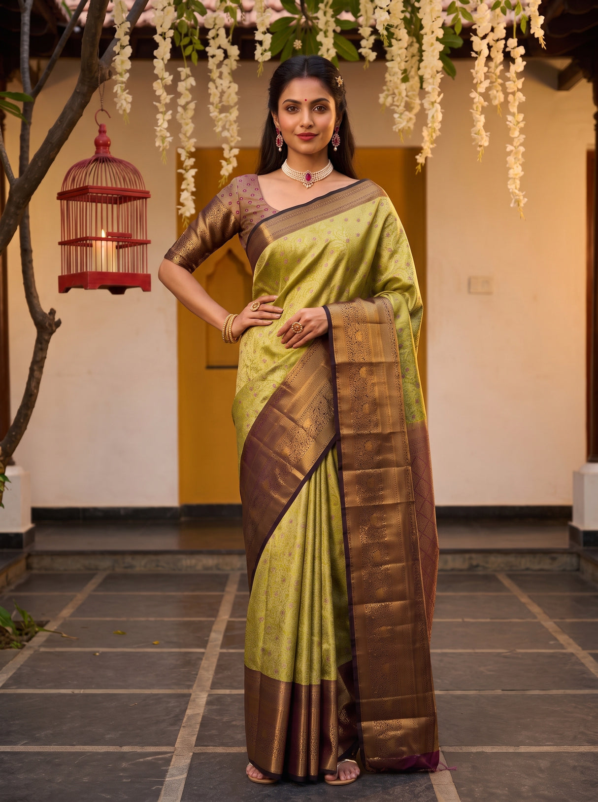 MIMOSA Olive Kanjivaram Art Silk Saree — pose 4 styling detail