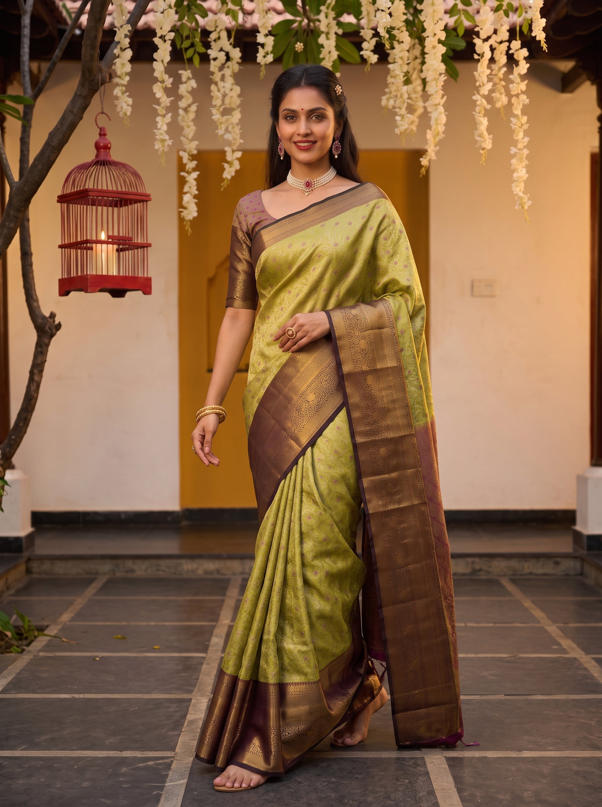MIMOSA Olive Kanjivaram Art Silk Saree — pose 6 styling detail